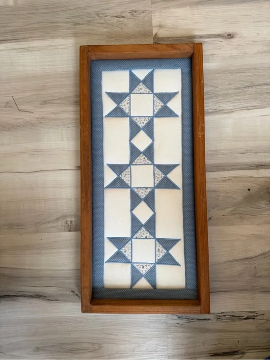 Vintage Framed Blue Patchwork Star Quilted Wall Art