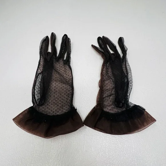 Vintage Womens Brown Sheer Mesh Polka Dot Ruffle Cuff Formal Dress Gloves