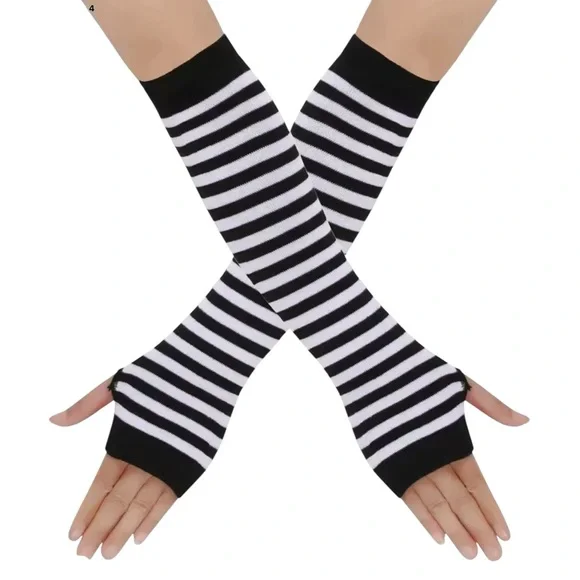 Black and‎ White Striped Fingerless Gloves