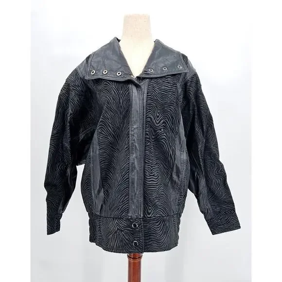 Vtg 80s Pelle Men's Small Leather & Suede Black Zip Moto Zebra Print Jacket