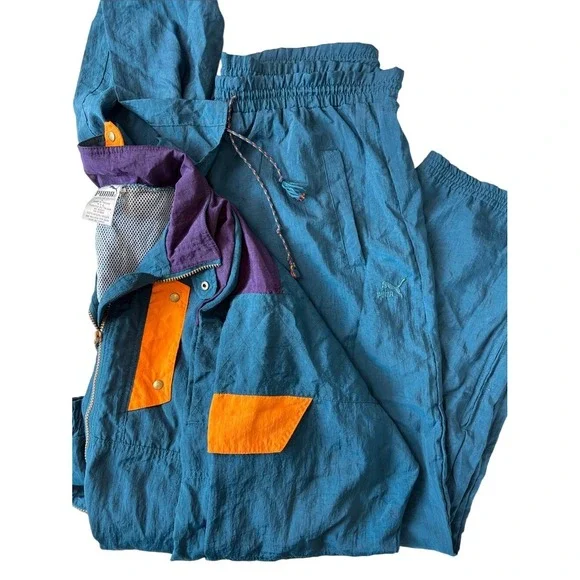Puma Tracksuit Teal Purple Orange Unisex Large Vintage 90s Colorblock 2pc Set‎