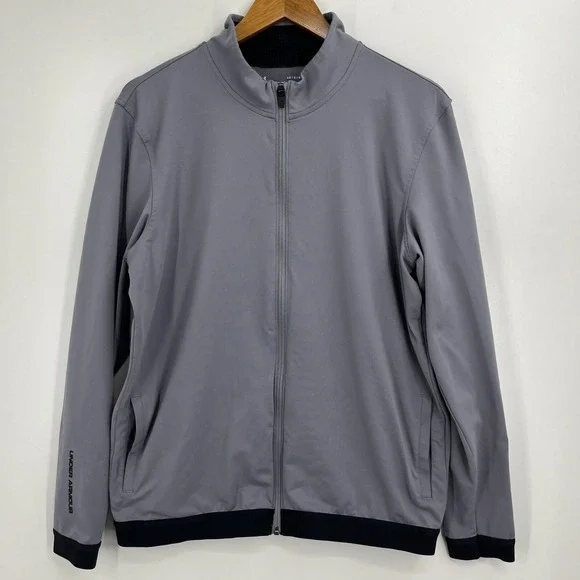 Under Armour Mens HeatGear Full Zip Track Jacket Grey Black Loose Fit Large