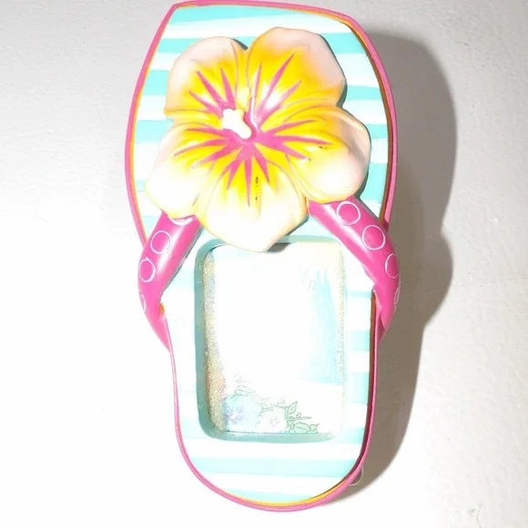 Tropical Flip Flop Picture Frame Pink Teal Striped Hibiscus Flower Hand Painted
