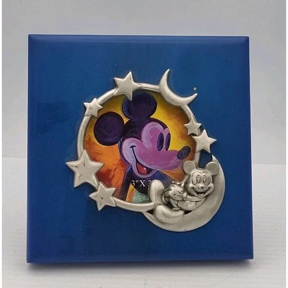 Disney Mickey Mouse Photo Frame Square Blue Wood &‎ Silvertone Metal Moon Stars