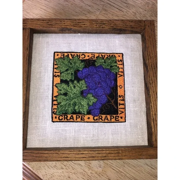 Machine Embroidered Grape Picture On Linen‎ With Wood Frame 6 X 6