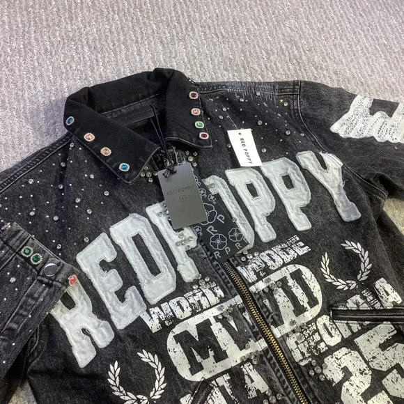 Red Poppy Mens Black Wash Embellished Graphic Denim‎ Jacket XS NWT