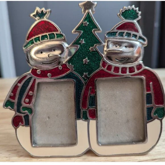 Pewter enamel glitter snowman‎ double frame mini green red stand up decor