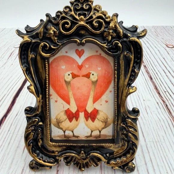 Vintage Style Ornate Gold Black Resin Frame Geese Heart Decoupage Art Print 5in