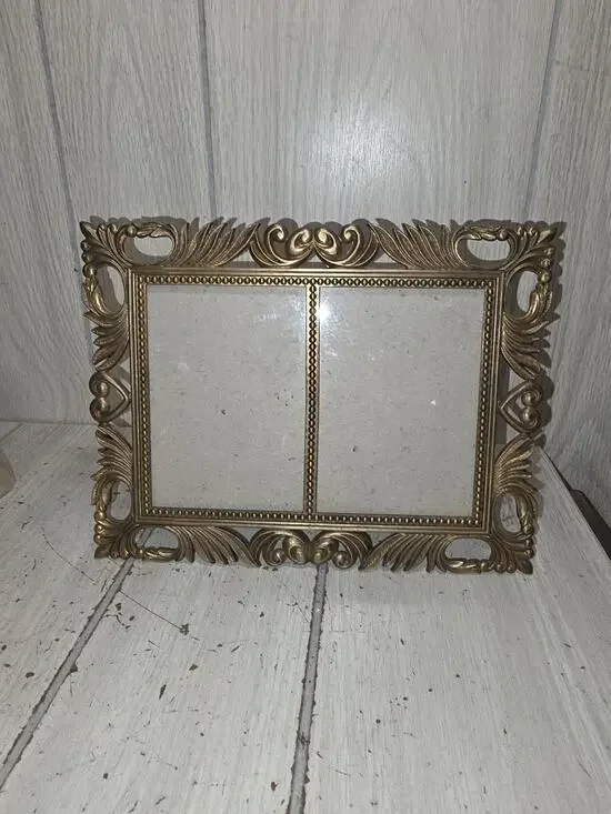 Vintage Solid Brass Ornate Small Double Picture Frame Rose Motif 3x5
