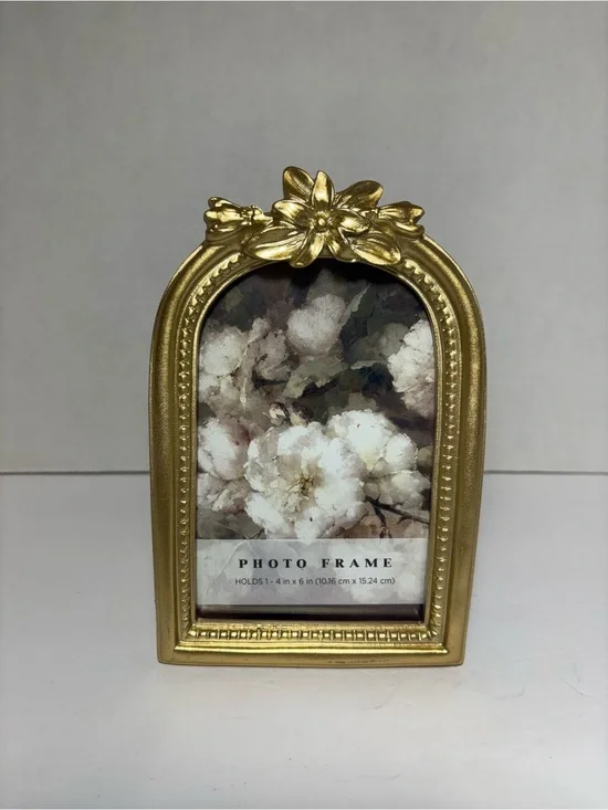 Gold Floral Arch Photo Frame - Decorative Home Accent Fits 4X6 Photo Heavy