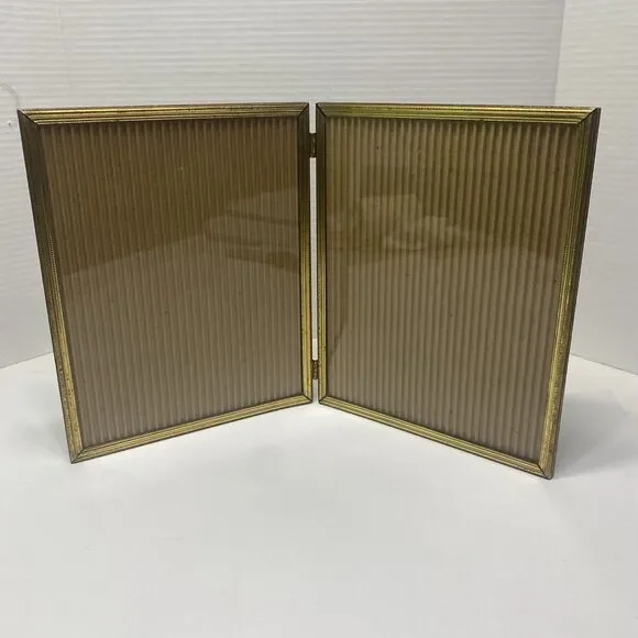 Vintage 8x10 Photo Picture Frame Bi-fold Gold Tone Brass Metal Double Hinge