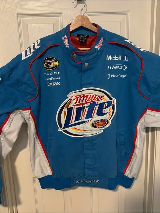 Vintage Kurt Busch Miller Lite Racing Jacket - Blue White Red Logo