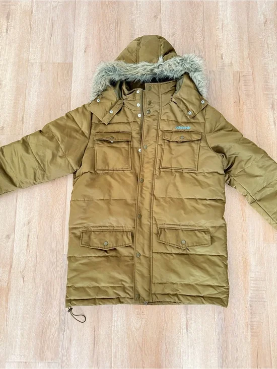 Men's Adidas Originals‎ Olive Green Faux Fur Trim Hooded Parka Jacket Size 50