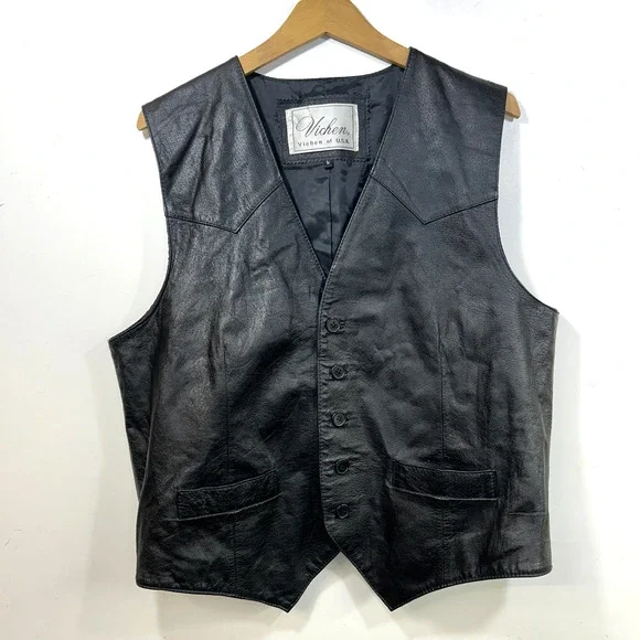 Vintage Vichen Of USA Black 100% Leather Men’s Vest Size L Western Yoke Biker