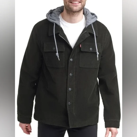 Levi's Black Faux Shearling Lined Hooded Corduroy Shirt Jacket Size XL