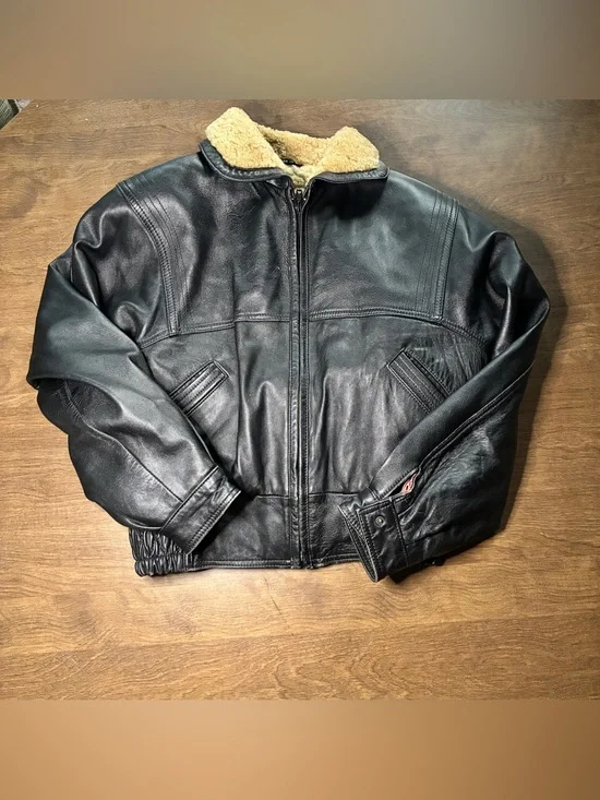 Vintage Gerome Made In Spain Leather Jacket Black Small Sherpa Lined