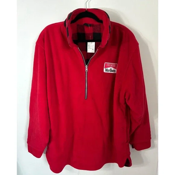 Vintage Marlboro Jacket Mens XL Red Reversible Buffalo Plaid Fleece 1/4 Zip 90s