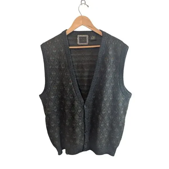 Vintage Sweater Vest Mens XL Gray Wool Geometric 90s Preppy Academia Grandpacore