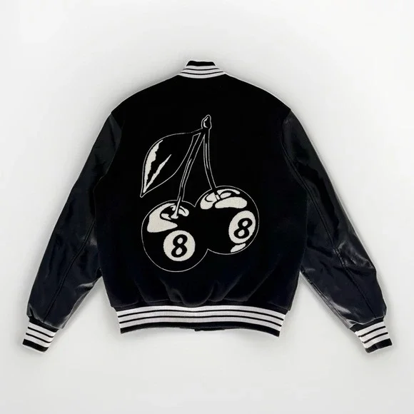PacSun Varsity Jacket Small Black Faux Leather Cherry 8 Ball Bomber Coat S