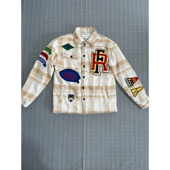 First Row Padding Shacket Mens Large Beige White Check Multi‎ Patches Wool Lined