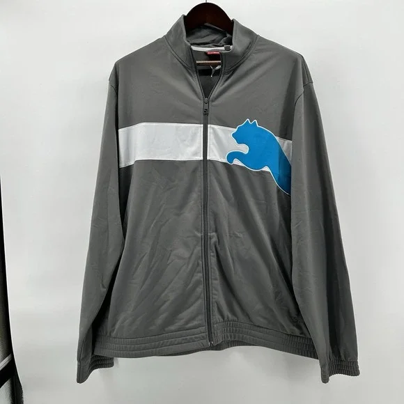 Puma Mens 2XL Gray Full Zip Track Jacket Blue Cat Logo Athletic  Streetwear Vtg