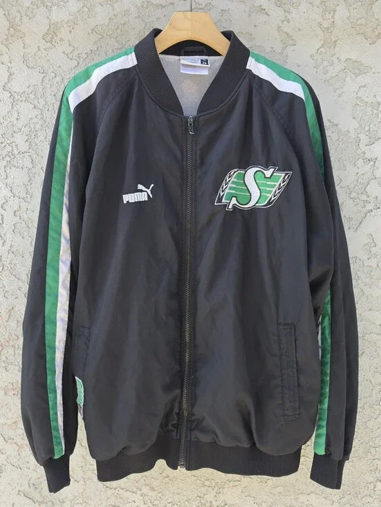 VTG 90s Puma Saskatchewan Roughriders CFL Track Jacket Men's L Black Sewn