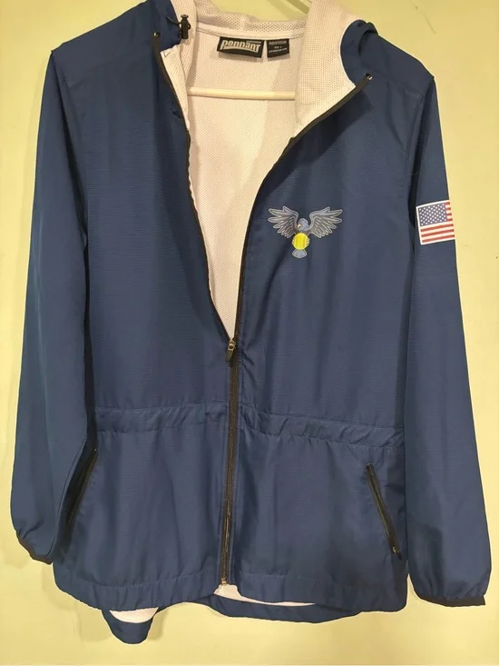 Pennant Navy Blue Hooded Windbreaker with USA Flag Patch