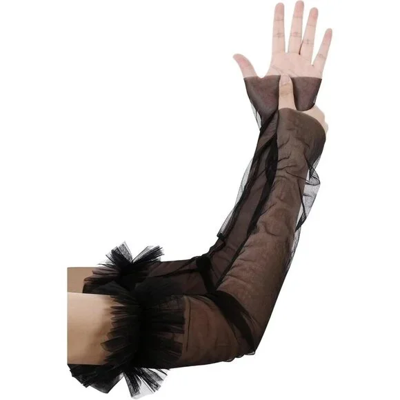 Women's Fingerless Black Long Sleeves Gloves Puffy Ruffle Cuffs Wedding Prom
