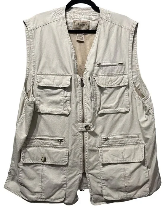 L.L. Bean Mens Vintage XXL Beige Vest 100% Cotton Outdoor Fishing Multi-Pocket