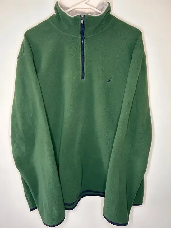Nautica Men's XL Green Quarter Zip Fleece Pullover Navy Trim Embroidered Logo