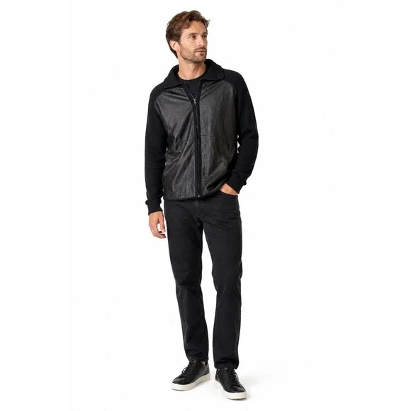Zara Genuine Leather & Wool Knit Bomber Jacket Men's Black XL Long Sleeve Zip Up