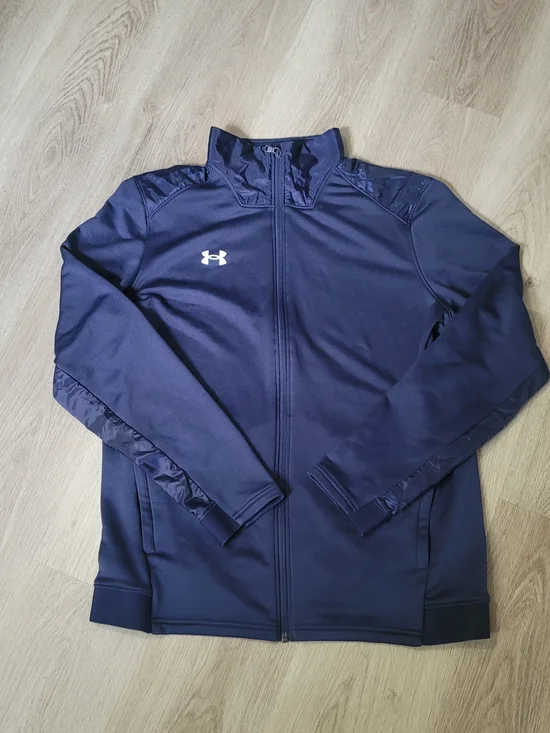Under Armour Men's Track Jacket Large Navy Blue Full Zip Nylon Overlay Loose