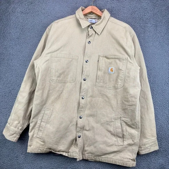 Carhartt Mens Tan‎ Duck Canvas Snap Front Shirt Jacket Large Tan L S121