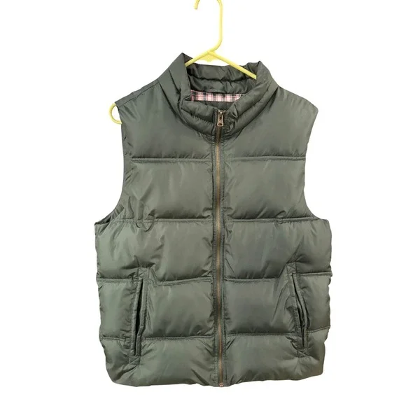 Merona Mens Olive Green Puffer Vest Quilted Full Zip Plaid Lined Size Medium