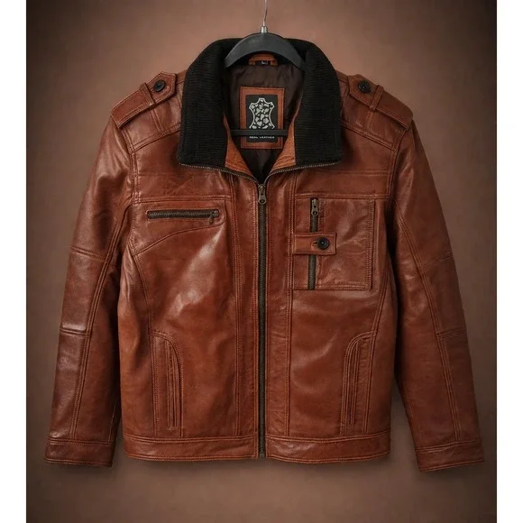 Men's Cognac Brown Real Leather Moto Biker Bomber Jacket Ribbed Collar Size L