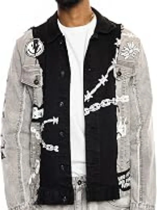 Smoke Rise Men's Black & Gray Graphic Denim Jacket for Slim Fit.M