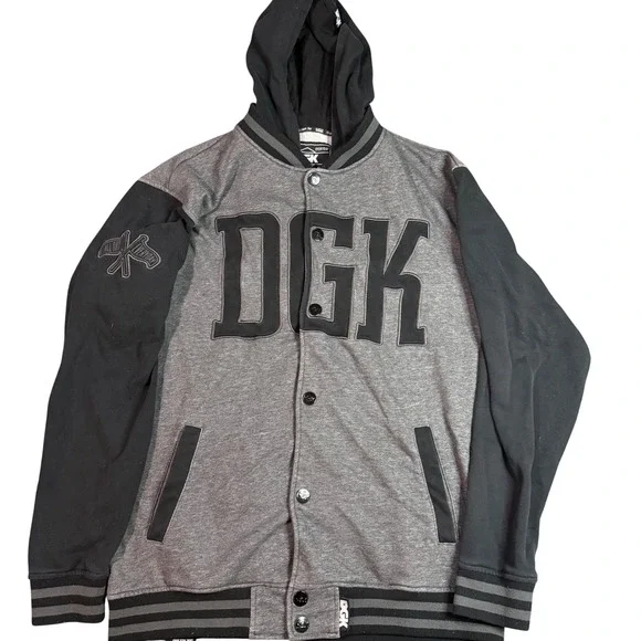 DGK Varsity Jacket Mens XL Gray Black Hooded Snap Front Dirty Ghetto Kids Fleece
