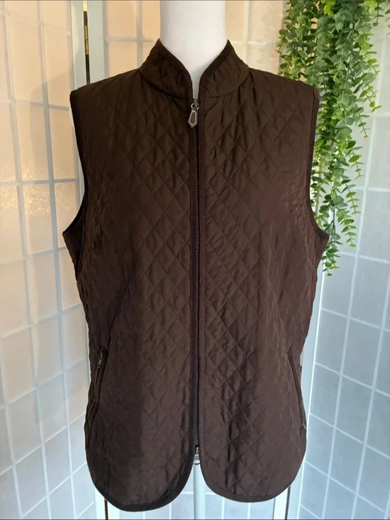 Talbots Lightweight Quilted Brown Vest w/ Pockets & Mandarin Collar, Like New, M