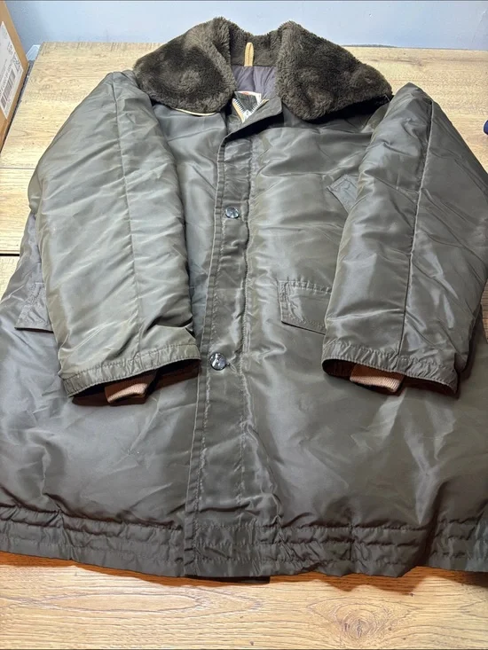 Men’s Vintage Comfy Goose Down Olive Green Puffer Coat with Faux Fur Collar L
