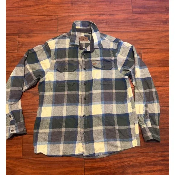 Orvis Mens Plaid Flannel Shirt Jacket Blue Green Cream Pockets Large L/G