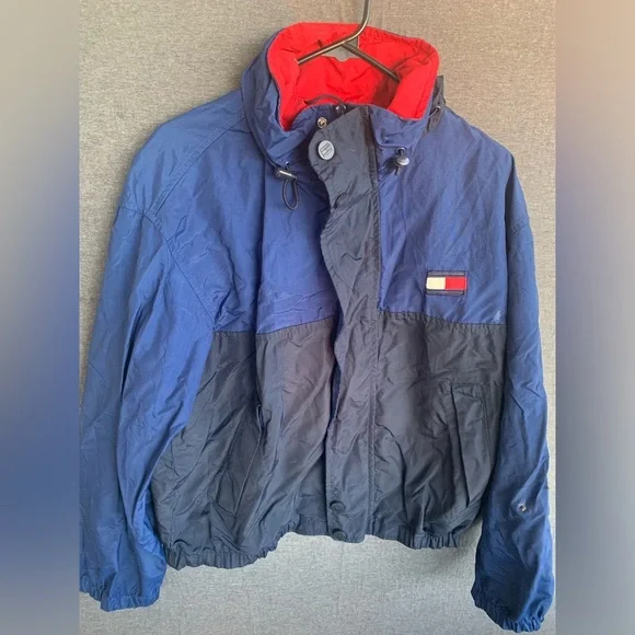 Vintage 90s Tommy Hilfiger Windbreaker Hooded Jacket Colorblock Spellout Small