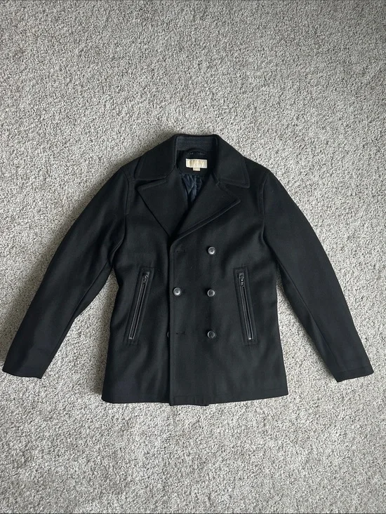MICHAEL Michael Kors Men's Black Double-Breasted Wool Peacoat with Zip Pockets