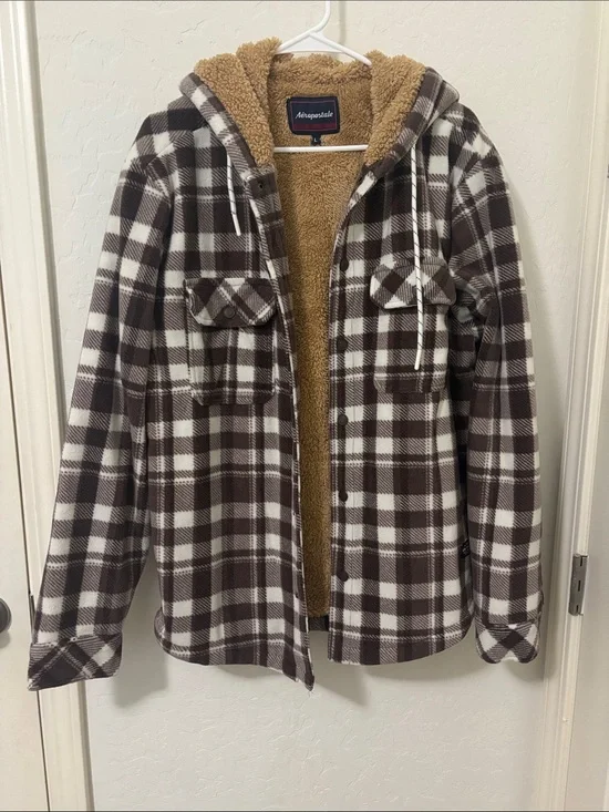 Aeropostale Brown & White Plaid Sherpa Hoodie Jacket