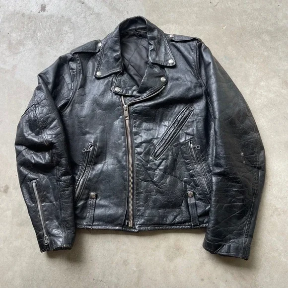 Vintage 60s Black Leather Motorcycle Jacket Biker Moto Asymmetrical Zip Mens 40
