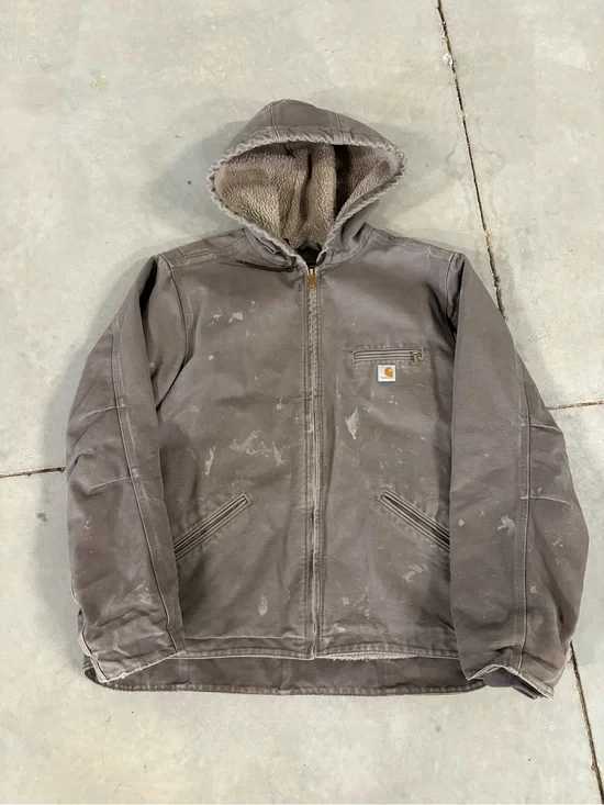 Carhartt Gray Brown Hooded Sherpa-Lined Canvas Jacket Mens M/ Women’s XL