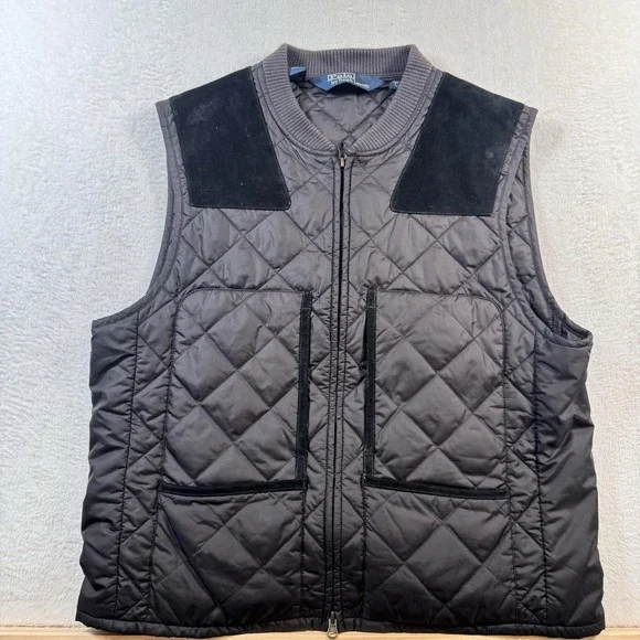 Polo Ralph Lauren Vest Mens Large Black Quilted Suede Trim Full Zip Outdoor