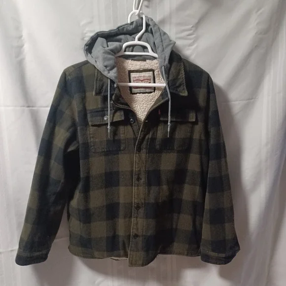 Levi's Shirt Jacket Mens XL Green Buffalo Plaid Sherpa Lined Hooded Flan Shacket