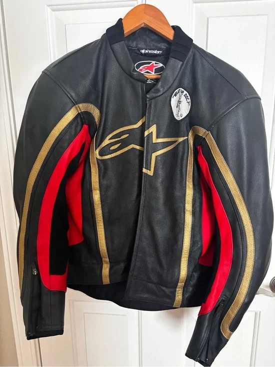 Alpinestars Black Leather Jacket with Red & Gold Accents