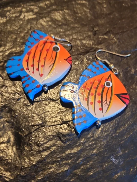 Vintage Blue and Orange Fish Drop Earrings