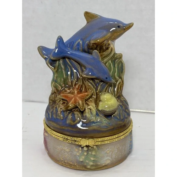 Dolphin Trinket Box Ceramic Hinged Jewelry Box Coastal Ocean Decor 4